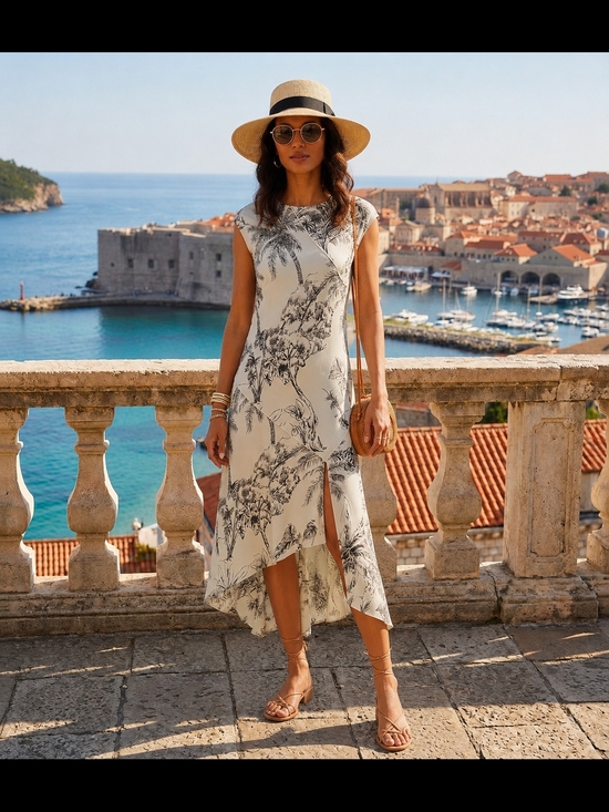 ANTONIO MELANI Dresses & Skirts - Antonio Melani Tessa Toile Palm Tree High-Low Asymmetric Midi Dress Size 2